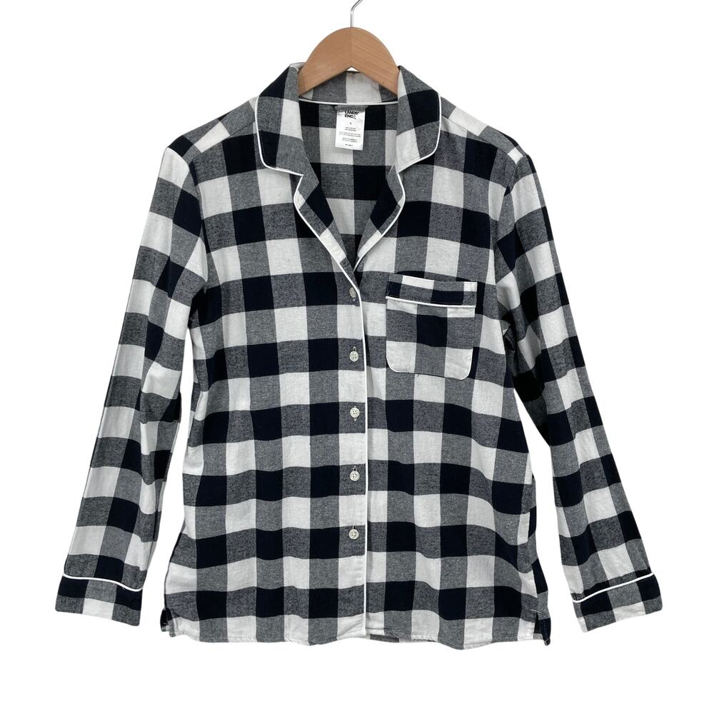 Lands' End Women's S Black White Buffalo Plaid Flannel Pajama Top 100% Cotton